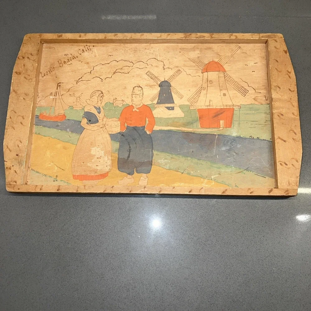 Long Beach CA Souvenir Wooden Tray-Dutch Themed—Vintage—15 1/2